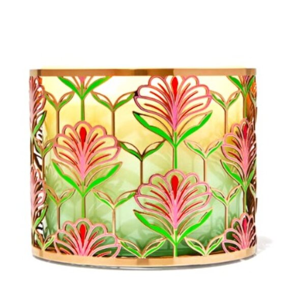 Bath and Body Works 3 Wick Candle Holder Pink Green Leaf Lotus NWT - Picture 1 of 1